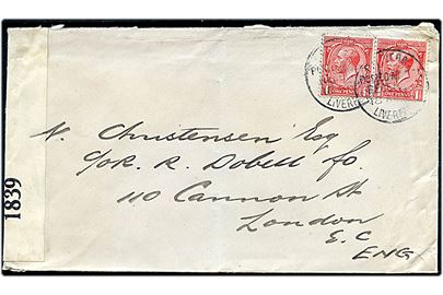 1d George V i parstykke på fortrykt kuvert fra New York annulleret med britisk skibsstempel Paquebot Posted at Sea received Liverpool d. 18.4.1919 til London, England. Åbnet af britisk censur no. 1839.