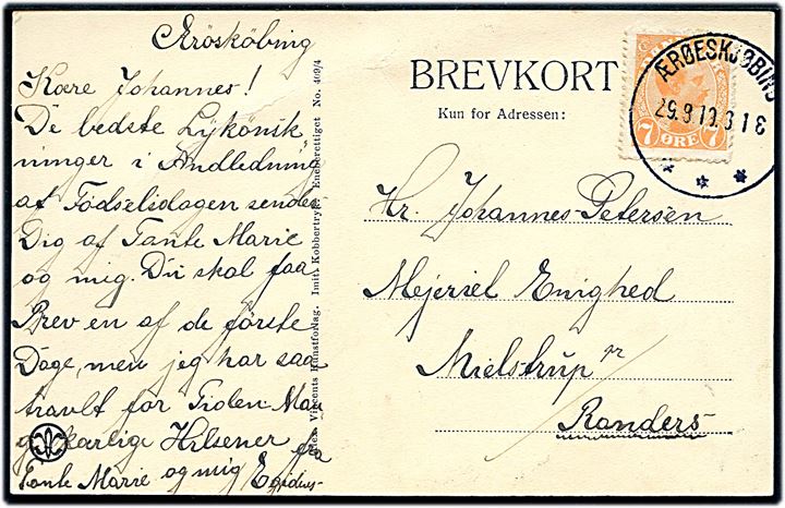 7 øre Chr. X på brevkort annulleret med brotype IIIb Ærøeskjøbing d. 29.8.1919 til Randers.
