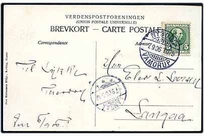 5 øre Chr. IX på brevkort (Vamdrup, Vestergade) annulleret med bureaustempel Nyborg - Vamdrup T.975 d. 7.9.1906 til Langaa.