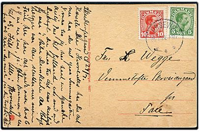 5 øre og 10 øre Chr. X på brevkort annulleret med brotype IIIb Onsevig d. 25.7.1920 til Vemmefofte Skovridergaard pr. Faxe.
