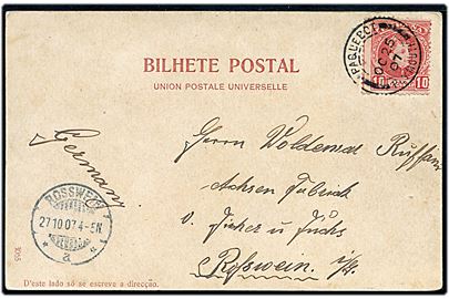 10 cts. på brevkort (Madeira med jernbane) annulleret med britisk skibsstempel Paquebot Plymouth d. 25.10.1907 til Rosswein, Tyskland.