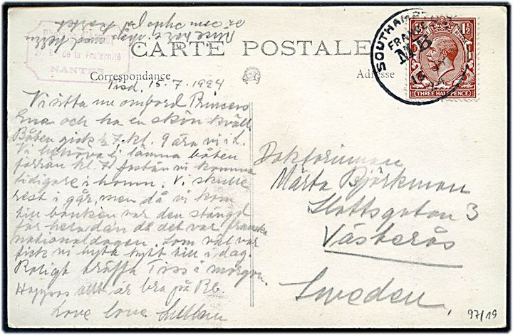 1½d George V på fransk brevkort med turistbus i Nantes annulleret med skibsstempel Southampton France M.B. (Mobile Box) d. 15.7.1924 til Västerås, Sverige.