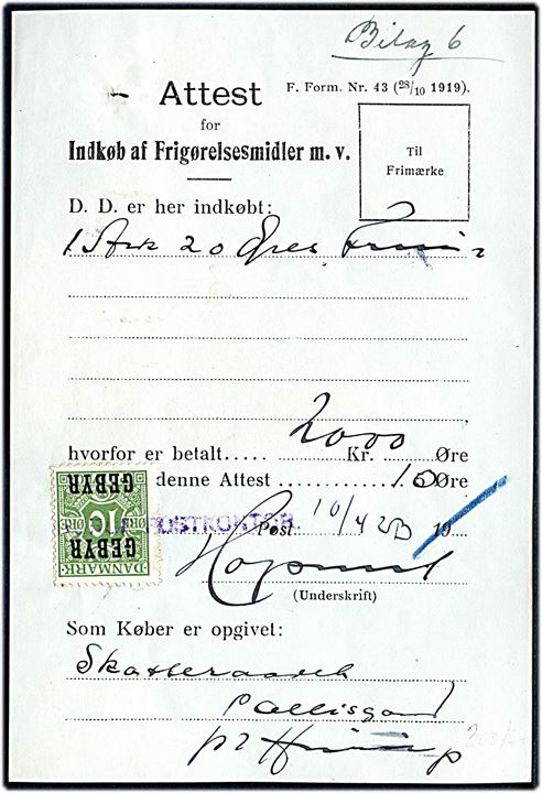 10 øre Gebyr provisorium annulleret med kontorstempel Hurup Postkontor på Attest for Indkøb af Frigørelsesmidler dateret d. 10.4.1923. 