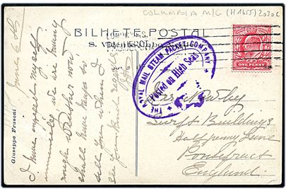 1d Edward VII på brevkort fra Cabo Verde annulleret med skibsstempel London F.S. Paquebot d. 9.6.1911 og sidestemplet The Royal Mail Steam Packet Company / Posted on High Seas til Pontefract, England.