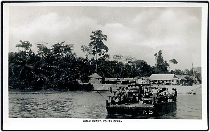 1d George V på brevkort (Volta Ferry, Gold Coast) annulleret med skibsstempel Southampton Paquebot d. 26.3.1936 til London, England.