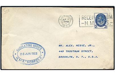 2½d George V Postal Congress single på brev annulleret med skibsstempel London / Received from H.M.Ships d. 7.7.1933 og sidestemplet: Regulating Office / H.M.S. Norfolk d. 26.6.1933 til Brooklyn, USA.