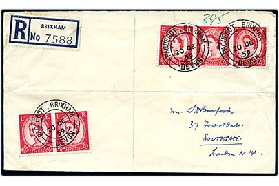 2½d Elizabeth (5) på anbefalet skibsbrev annulleret Paquebot Brixham Devon d. 20.12.1959 til London. På bagsiden meddelelse fra postvæsnet vedr. markering med blåt kryds på anbefalede breve. Sjælden anbefalet skibspost og vanskeligt skibsstempel.