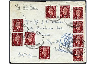 1½d George VI (10) på luftpost flådebrev annulleret med gummistempel Received from H.M.Ships til Plymouth. Blå flåde censur dateret d. 31.10.1940.