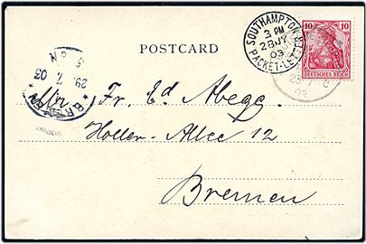 10 pfg. Germania på brevkort (Southampton) annulleret med tysk skibsstempel Deutsche Seepost Ost-Asiatische Linie c d. 28.7.1903 og sidestemplet Southampton Packet-Letter d. 28.7.1903 til Bremen, Tyskland.