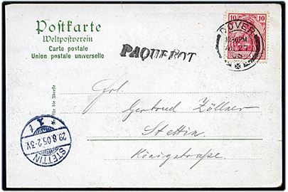 10 pfg. Germania på brevkort (Damesalon ombord på postdampfer Patricia) annulleret med britisk stempel i Dover d. 27.8.1905 og sidestemplet Paquebot til Stettin, Tyskland.