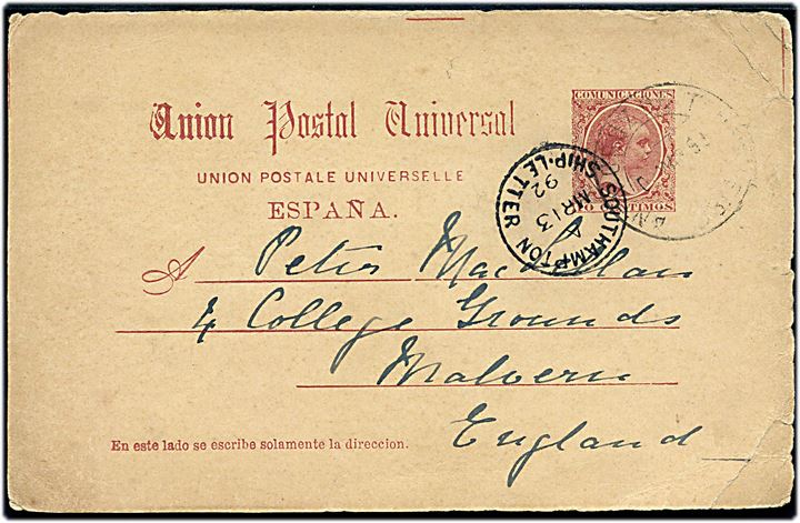 10 cts. helsagsbrevkort fra Santa Cruz, Tenerife med svag dato via Southampton Ship-Letter d. 13.3.1892 til Malvern, England. Hj.knæk.