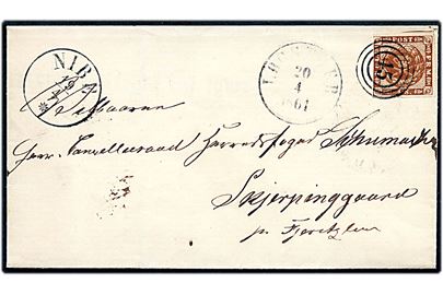 4 sk. 1858 udg. på brev annulleret med nr.stempel 45 og sidestemplet antiqua Nibe d. 19.4.1861 via Løgstør d. 20.4.1861 til Cancelliraad Herredsfoged Schumacher, Skjerpinggaard pr. Fjerritslev.