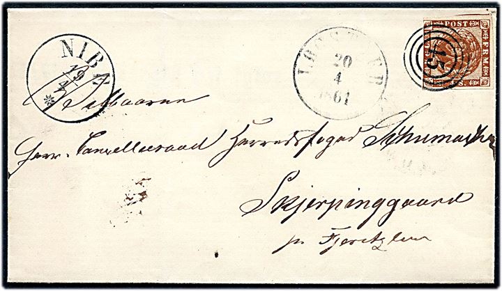 4 sk. 1858 udg. på brev annulleret med nr.stempel 45 og sidestemplet antiqua Nibe d. 19.4.1861 via Løgstør d. 20.4.1861 til Cancelliraad Herredsfoged Schumacher, Skjerpinggaard pr. Fjerritslev.