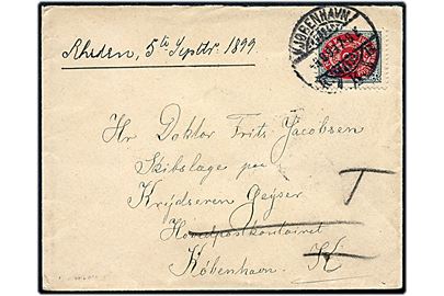 8 øre Tofarvet omv. rm. på brev fra Kjøbenhavn d. 4.9.1899 til skibslæge ombord på krydseren Geyser, Hovedpostkontoret, København K - eftersendt til T (= Toldboden). Geyser var udrustet i eskadren i perioden 1.8.-6.10.1899.