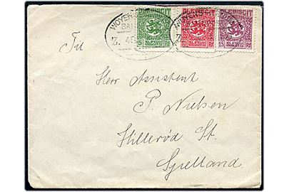 5 pfg., 10 pfg. og 15 pfg. Fælles udg. på brev fra Gramby annulleret med bureaustempel Woyens - Arnum Bahnpost Zug 45 d. 29.1.1920 til Hillerød, Danmark. 