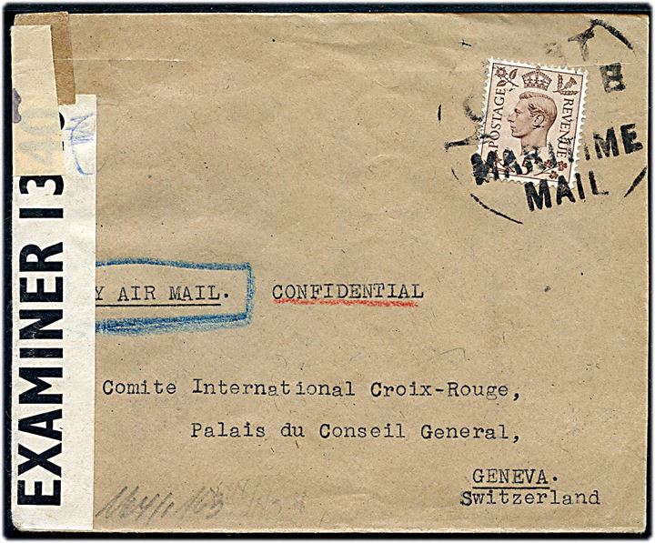 5d George VI single på luftpost flådebrev annulleret Post Office / Maritime Mail til International Røde Kors i Geneva, Schweiz. Åbnet af britisk censur PC90/1340 og Tysk censur i Paris - kode x.