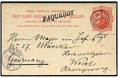 1d helsagsbrevkort skrevet ombord på RMS dampskib Don annulleret med bureaustempel Plymouth & Pristil S.T. d. 14.10.1896 og sidestemplet Paquebot til Wesel, Tyskland. Svag lodret fold.