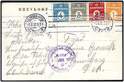 1 øre, 2 øre, 3 øre og 4 øre Bølgelinie på 4-farve frankeret brevkort (Københavns havn med dampskibet Thy og slæbebåden Anholt) fra Kjøbenhavn d. 5.6.1912 og privat skibsstempel Salon-Schnell-Dampfer Hertha Auf hoher See d. 4.6.1912 til Tyskland.