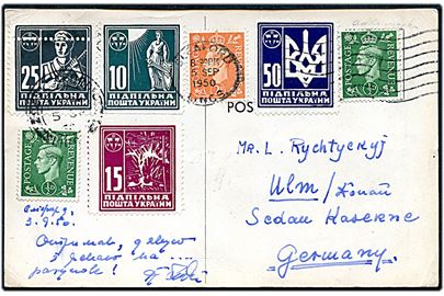 Blandingsfrankering med britiske ½d (2) og 2d George VI og ukrainske eksil-mærker på filatelistisk brevkort fra Bleaford d. 5.9.1950 til Ulm, Tyskland.