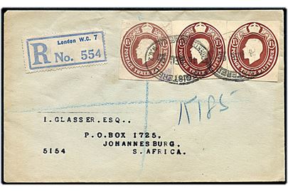 1½d George V (3) helsagsafklip anvendt som frankering på anbefalet brev fra London d. 16.12.1925 til Johannesbirg, Sydafrika.