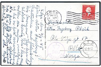 15 øre H. C. Andersen på brevkort (Køge Sygehus) fra Køge d. 6.9.1945 til Oslo, Norge - eftersendt til Vatne pr. Ålesund og tilbage til Oslo. Dansk efterkrigscensur (Krone)/260/Danmark.