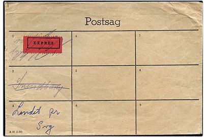 Ufrankeret postsags-rutekuvert A 33 (5-56) anvendt flere gange. bl.a. fra  Rygård (Svendborg) Postekspedition d. 15.12.1959 til Landet pr. Svendborg. 