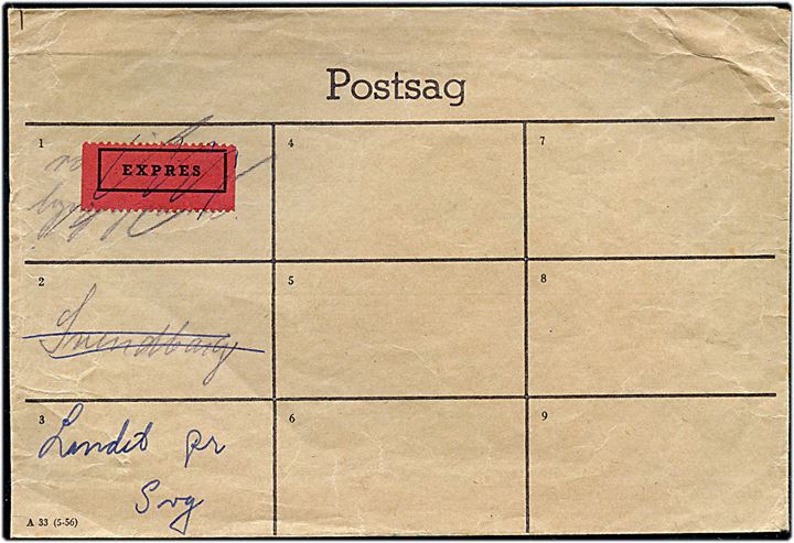 Ufrankeret postsags-rutekuvert A 33 (5-56) anvendt flere gange. bl.a. fra  Rygård (Svendborg) Postekspedition d. 15.12.1959 til Landet pr. Svendborg. 