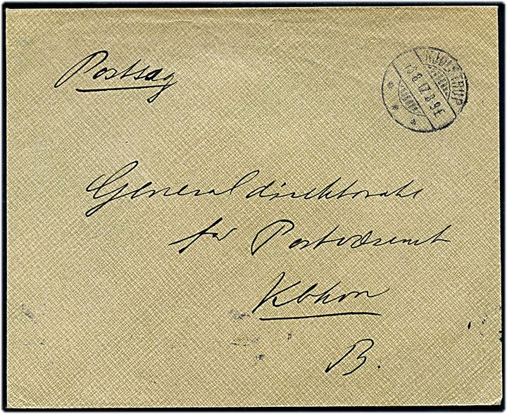 Ufrankeret postsag med brotype Ia Kjølstrup d. 13.8.1917 til Generaldirektoratet for Postvæsenet i Kjøbenhavn.