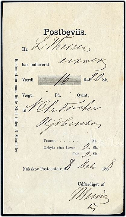 Fortrykt postbevis fra Nakskov Postcontoir d. 8.12.1868.