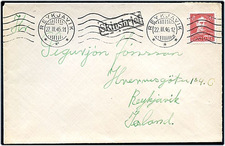 20 øre Chr. X på skibsbrev fra København annulleret med islandsk stempel i Reykjavik d. 22.3.1946 og sidestemplet Skipsbrjef til Reykjavik, Island.