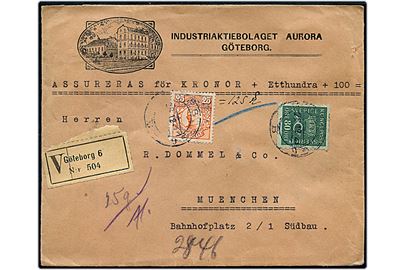 25 öre Gustaf (falmet) og 80 öre Posthorn på illustreret firmakuvert fra Industrieaktiebolaget Aurora sendt som værdibrev fra Göteborg d. 28.12.1922 til München, Tyskland.