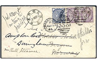½d og 1d (par) Victoria på brev annulleret med duplex stempel Harrogate/338 d. 17.8.1885 til Bergen, Norge - eftersendt til Birmingham. Påskrevet: via Hull Steamer. 