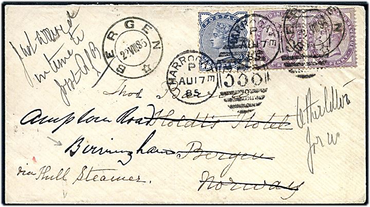 ½d og 1d (par) Victoria på brev annulleret med duplex stempel Harrogate/338 d. 17.8.1885 til Bergen, Norge - eftersendt til Birmingham. Påskrevet: via Hull Steamer. 