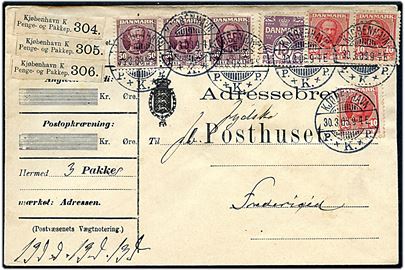 10 øre (3), 50 øre (3) Fr. VIII og 15 øre Bølgelinie på 195 øre frankeret adressebrev for tre pakker fra Kjøbenhavn d. 30.3.1908 til Fredericia.