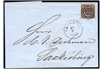 4 R.B.S. Thiele II på brev annulleret med nr.stempel 43 og sidestemplet antiqua Nakskov. d. 18.9.1853 til Saxkjøbing.