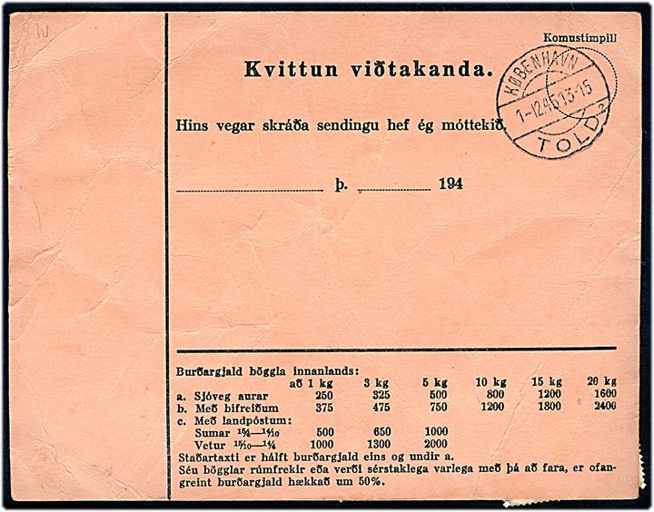 25 aur Torsk (defekt) og 1 kr. Geysir (4) på 4,25 kr. frankeret adressekort for pakke fra Reykjavik d. 19.11.1945 via København d. 1.12.1945 til Viborg, Danmark. Påsat dansk Værdietiket fra Toldpostkontoret.