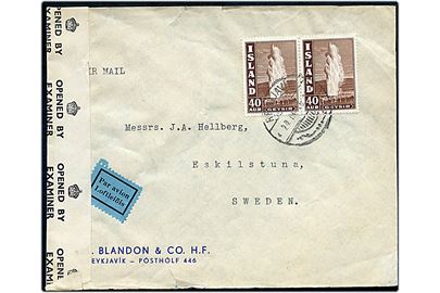 40 aur Geysir i parstykke på luftpostbrev fra Reykjavik d. 24.3.1945 til Eskilstuna, Sverige. Åbnet af britisk censur PC90/7353. 