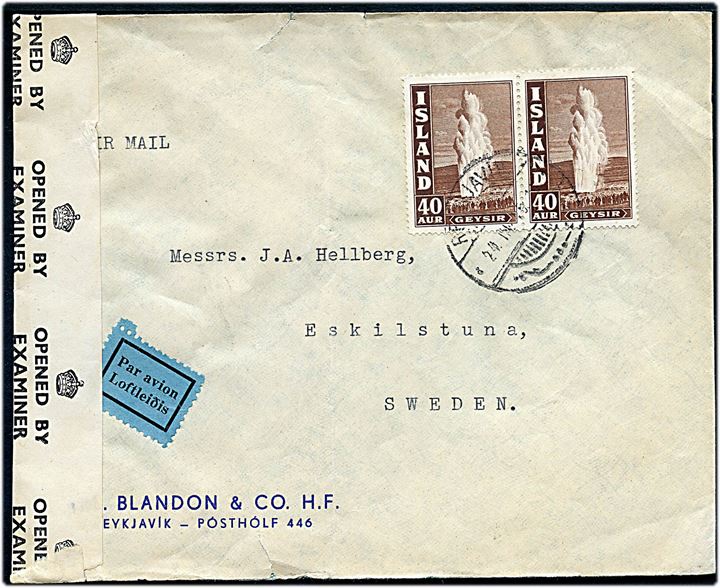 40 aur Geysir i parstykke på luftpostbrev fra Reykjavik d. 24.3.1945 til Eskilstuna, Sverige. Åbnet af britisk censur PC90/7353. 