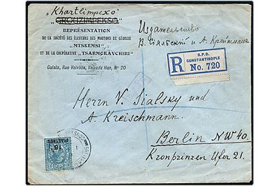 15 Piastres/10d George V single på anbefalet brev fra British Post Office Constantinopel d. 1.5.1922 til Berlin, Tyskland. 