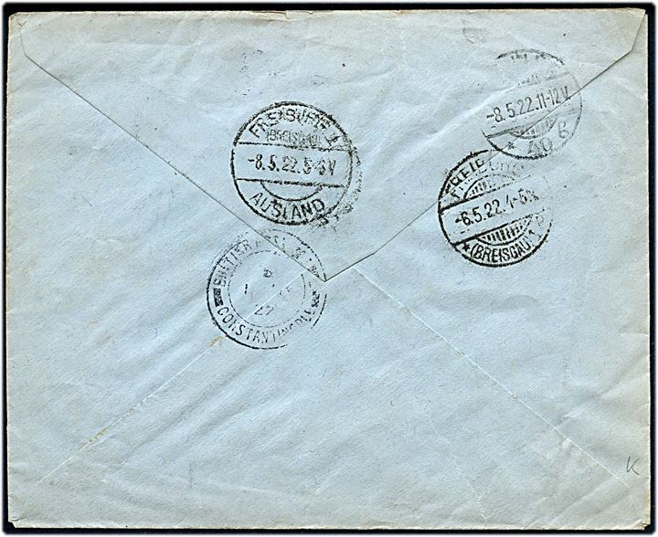 15 Piastres/10d George V single på anbefalet brev fra British Post Office Constantinopel d. 1.5.1922 til Berlin, Tyskland. 