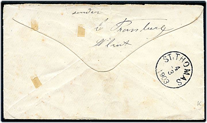Halveret 4 cents Tofarvet på brev fra Frederiksted d. 3.3.1903 til St. Thomas. Ank.stemplet i St. Thomas d. 4.3.1903.