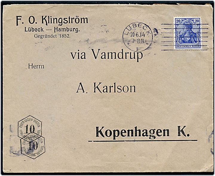 20 pfg. Germania på fortrykt firmakuvert fra F.O.Klingström i Lübeck d. 20.6.1914 mærket via Vamdrup til København, Danmark. To stk. 10 pfg. Custos portokontrol stempler.