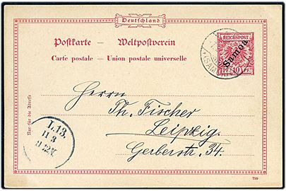 10 pfg. Samoa provisorisk helsagsbrevkort fra Apia *(Samoa)* d. 7.2.1901 til Leipzig, Tyskland. Kort hilsen på bagsiden.