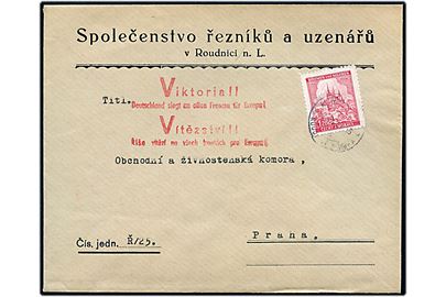 Böhmen-Mähren. 1,20  k. single på brev fra Roudnici n. L. d. 27.10.1941 til Prag. Rødt 2-sproget Viktoria !!! / Deutschald siegt am allen Fronten für Europa!.