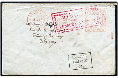 60 cts. posthusfranco fra Valencia d. 15.4.1937 på brev fra medlem af den Internationale Brigade med feltpost stempler S.C.C. 111 d. 11.4.1937 og S.C.C. 222 d. 12.4.1937 til Bounage, Belgien. Rød militærcensur. Sjælden.