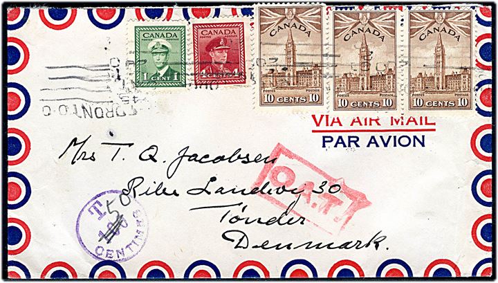 35 cents blandingsfrankeret luftpostbrev fra Toronto 1945 til Tønder, Danmark. Udtakseret i porto med violet stempel T 100 centimes ændret til 50 og rødt luftpoststempel O.A.T. (Onward Air Transmission) fra London.