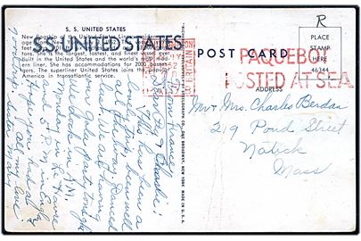 2d frankostempel Southampton Paid / Paquebot posted at sea på brevkort fra S/S United States til USA. Meget sjældent skibs-frankostempel. Lodret fold.