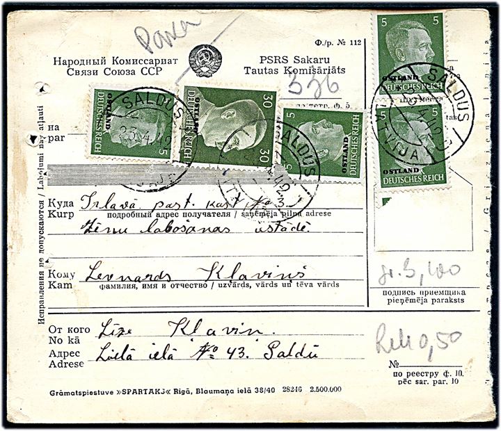 5 pfg. (4) og 30 pfg. Ostland Hitler provisorium på 2-sproget adressekort stemplet Saldus Latvia d. 23.4.1942 til Irlava.