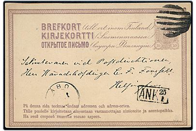 10 pen. helsagsbrevkort annulleret med stumt korkstempel og sidestemplet Åbo d. 25.1.1878 til Helsingfors.