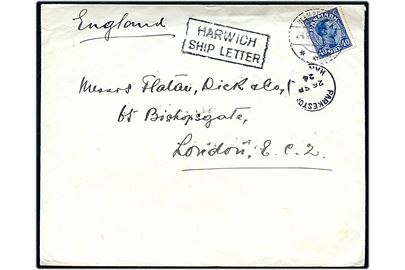 40 øre Chr. X single på brev fra Klampenborg d. 24.9.1924 til London, England. Transit stemplet Parkeston Harwich d. 25.9.1924 og Harwich Ship Letter. 
